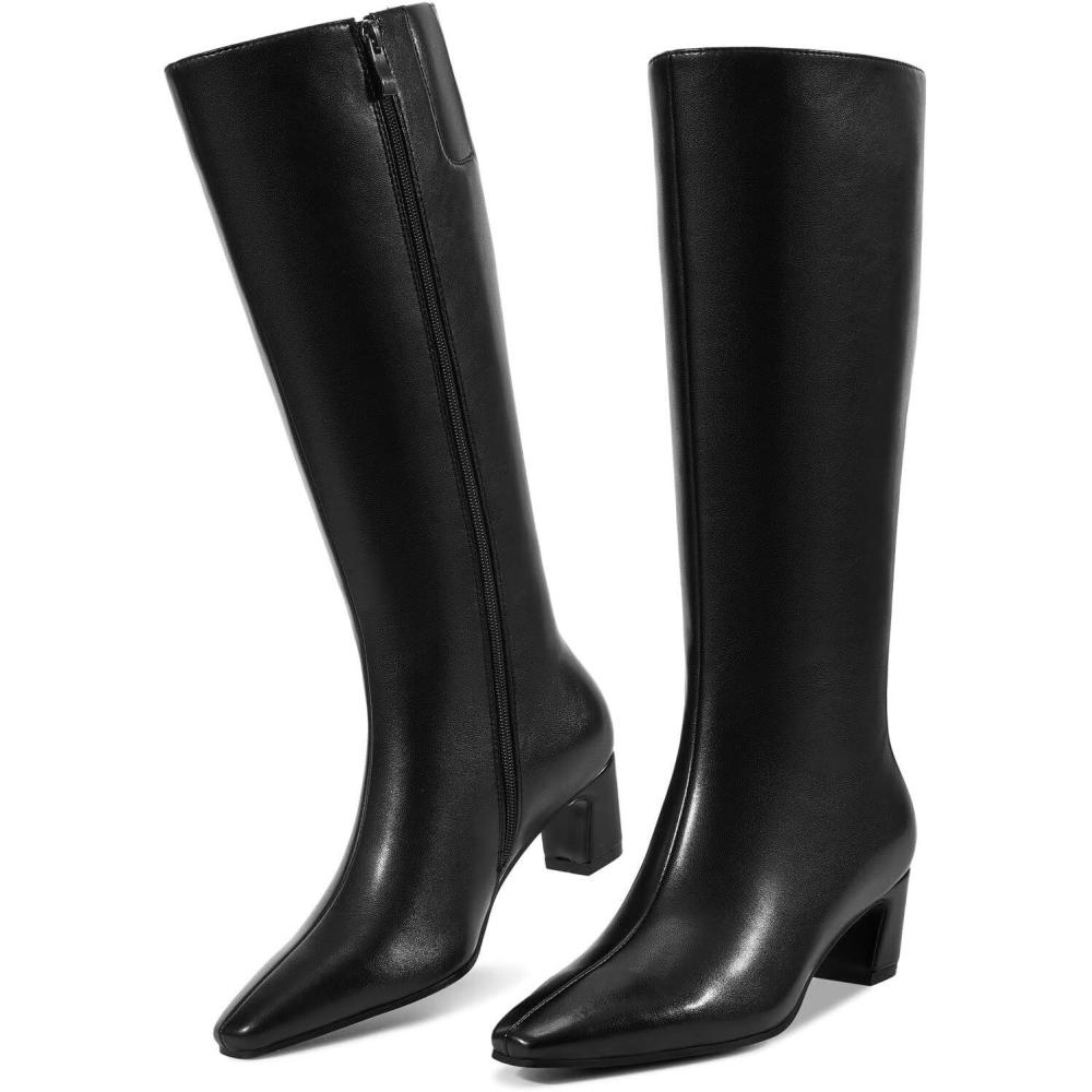 imageISNOM Knee High Boots Women Chunky Low Heel Square Toe Elastic Boots Side Zipper Faux Leather Fall Long Tall BootMatte Black 2in Heel