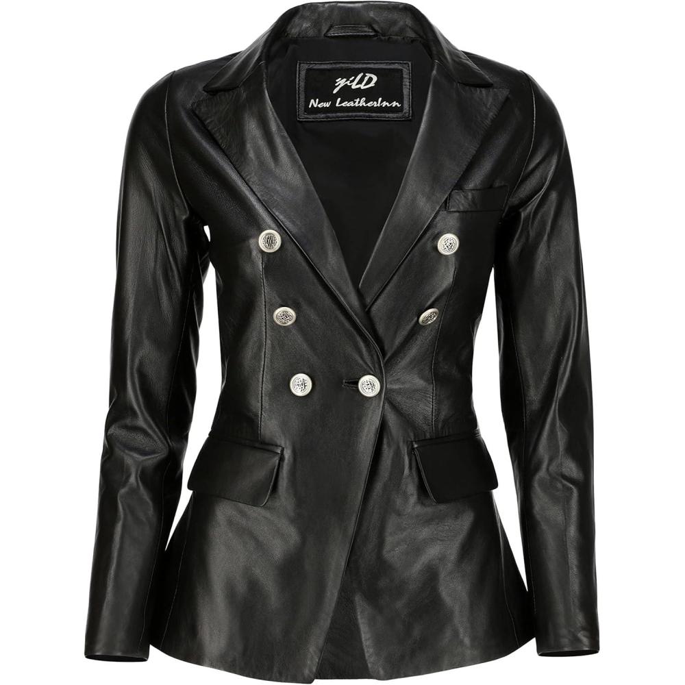 imageJild Double Breasted Fancy Buttons Lambskin Leather Blazer Women Kim Kardashian Long Sleeve Coat Style Leather Jacket WomenBlack