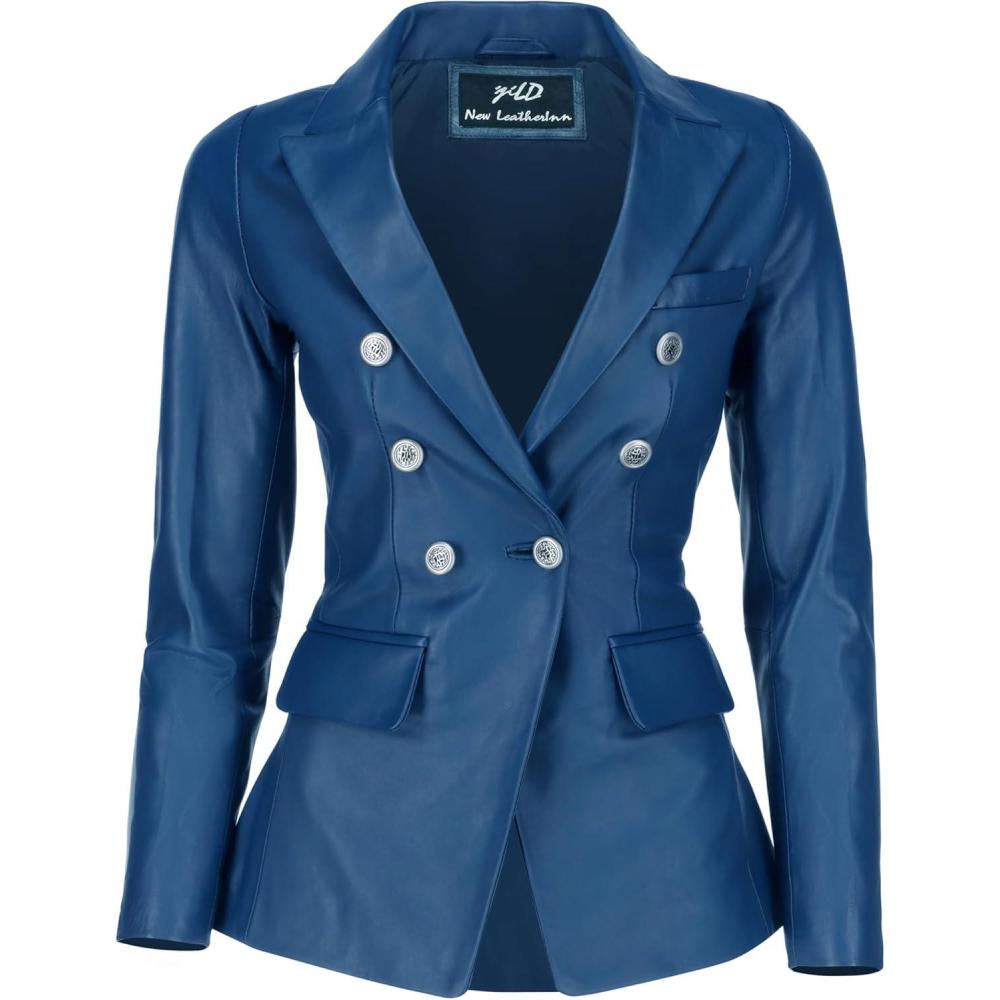 imageJild Double Breasted Fancy Buttons Lambskin Leather Blazer Women Kim Kardashian Long Sleeve Coat Style Leather Jacket WomenBlue