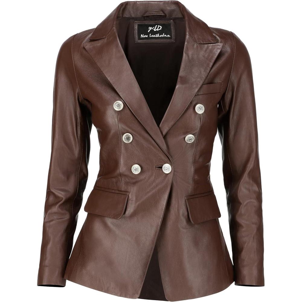 imageJild Double Breasted Fancy Buttons Lambskin Leather Blazer Women Kim Kardashian Long Sleeve Coat Style Leather Jacket WomenBrown