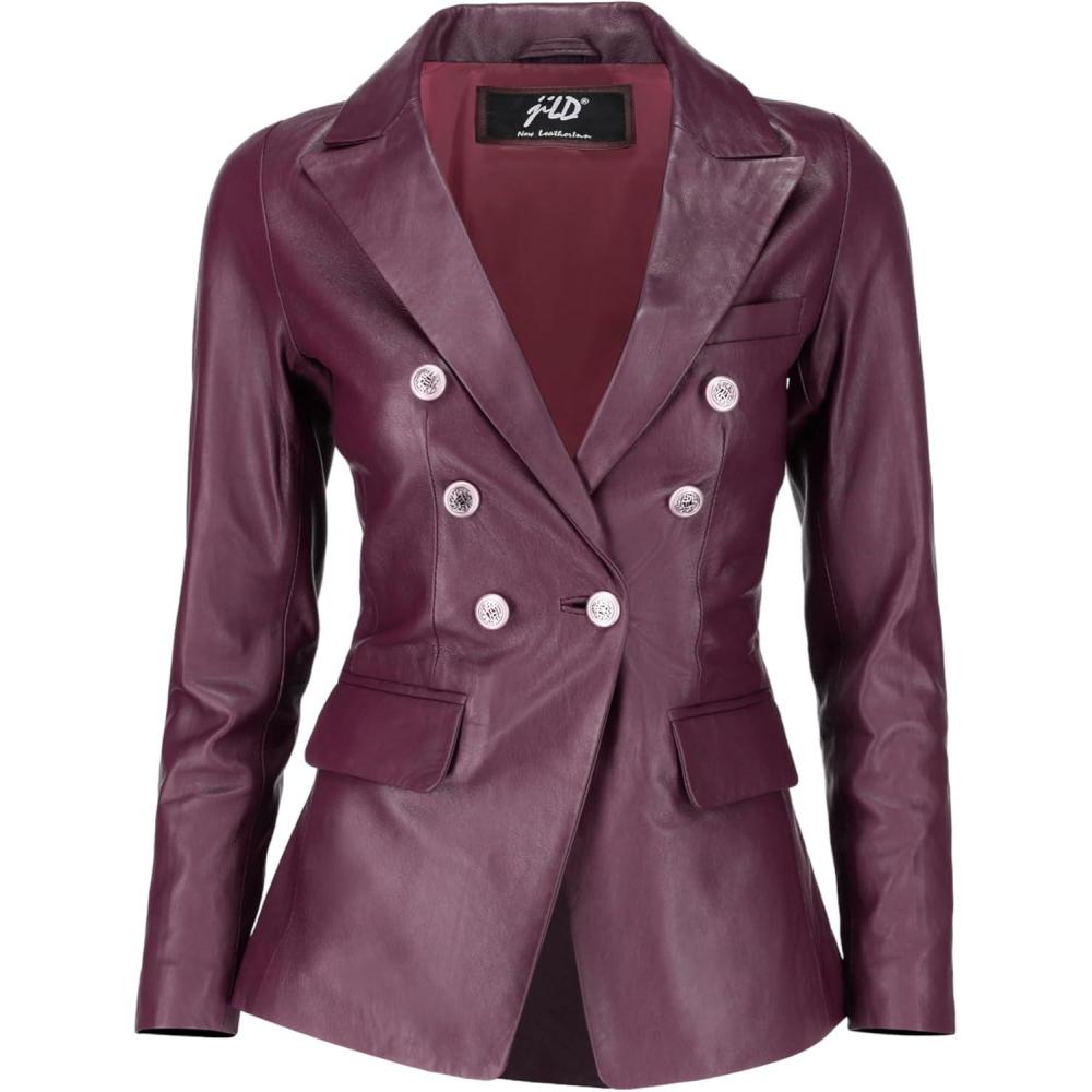 imageJild Double Breasted Fancy Buttons Lambskin Leather Blazer Women Kim Kardashian Long Sleeve Coat Style Leather Jacket WomenBurgundy