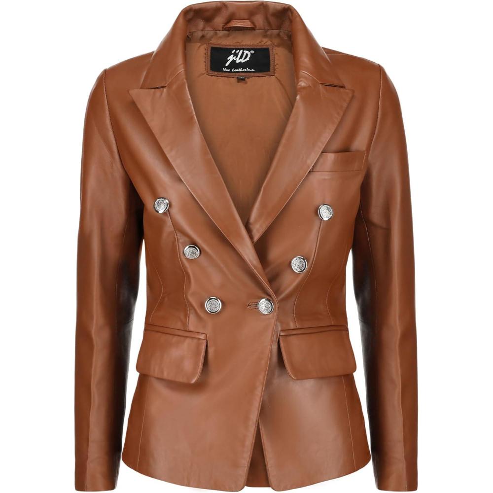 imageJild Double Breasted Fancy Buttons Lambskin Leather Blazer Women Kim Kardashian Long Sleeve Coat Style Leather Jacket WomenCognac