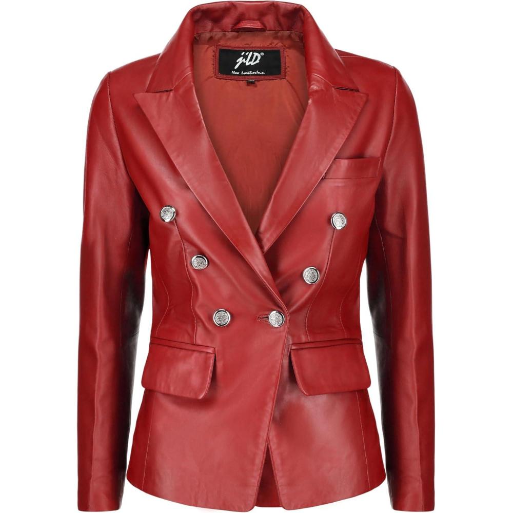 imageJild Double Breasted Fancy Buttons Lambskin Leather Blazer Women Kim Kardashian Long Sleeve Coat Style Leather Jacket WomenRed