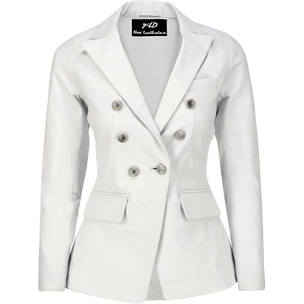 imageJild Double Breasted Fancy Buttons Lambskin Leather Blazer Women Kim Kardashian Long Sleeve Coat Style Leather Jacket WomenWhite