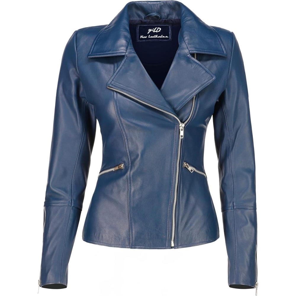imageJild Womens Asymmetrical ZipUp Real Lambskin Leather Motorcycle Jacket Casual Fashion Moto Biker Leather Jacket WomenBlue