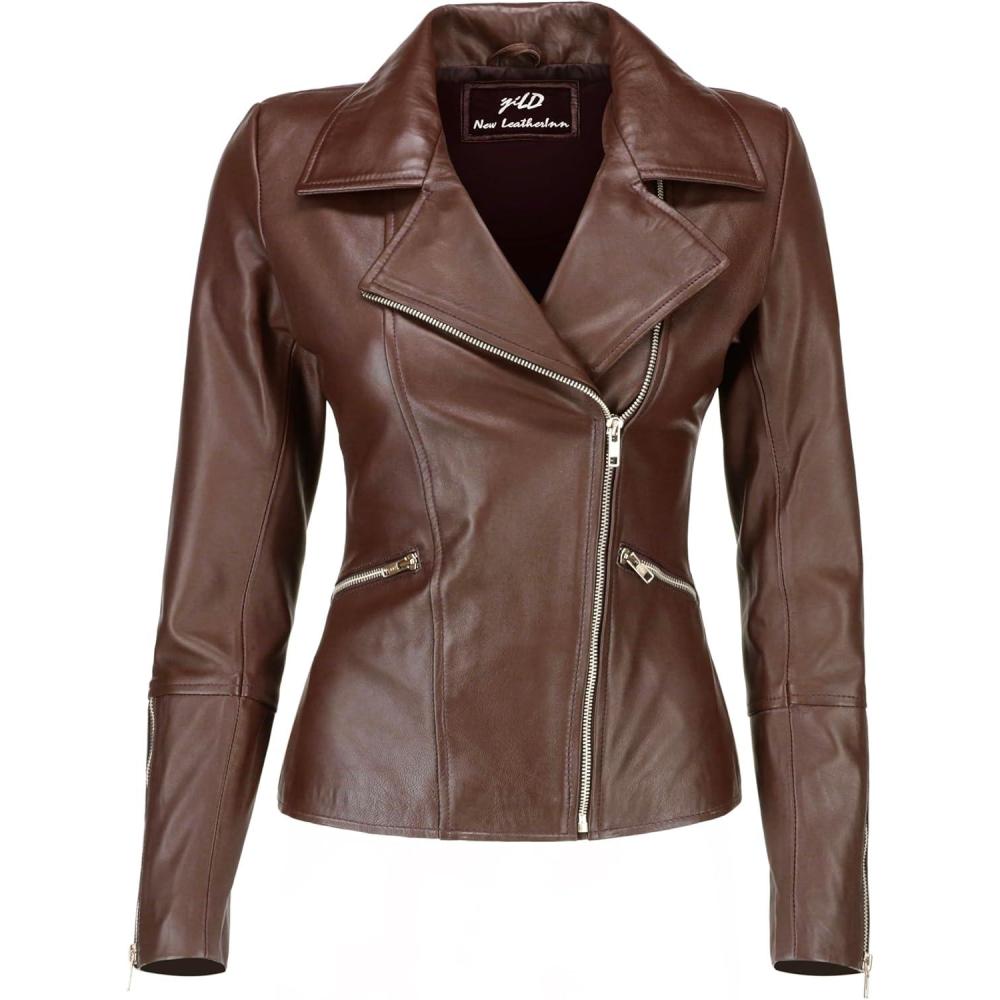 imageJild Womens Asymmetrical ZipUp Real Lambskin Leather Motorcycle Jacket Casual Fashion Moto Biker Leather Jacket WomenBrown
