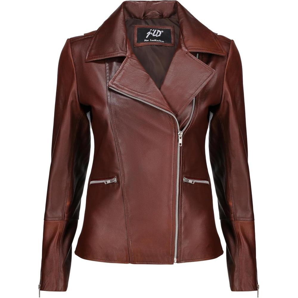 imageJild Womens Asymmetrical ZipUp Real Lambskin Leather Motorcycle Jacket Casual Fashion Moto Biker Leather Jacket WomenMaroon