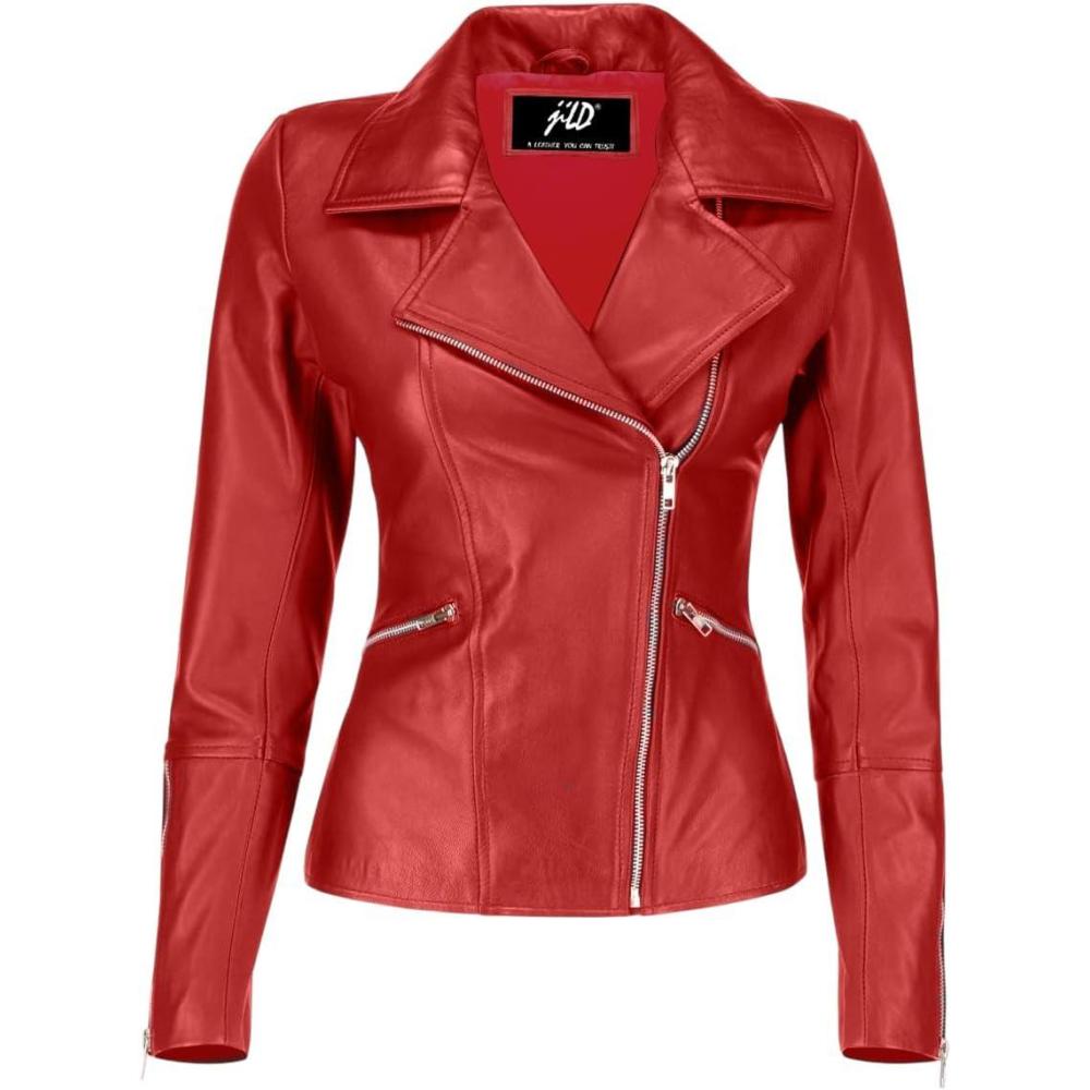 imageJild Womens Asymmetrical ZipUp Real Lambskin Leather Motorcycle Jacket Casual Fashion Moto Biker Leather Jacket WomenRed