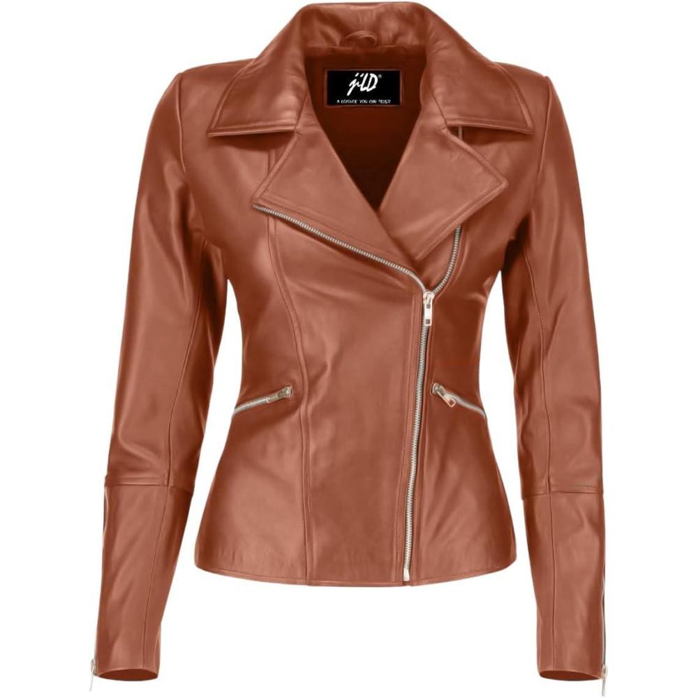 imageJild Womens Asymmetrical ZipUp Real Lambskin Leather Motorcycle Jacket Casual Fashion Moto Biker Leather Jacket WomenTan