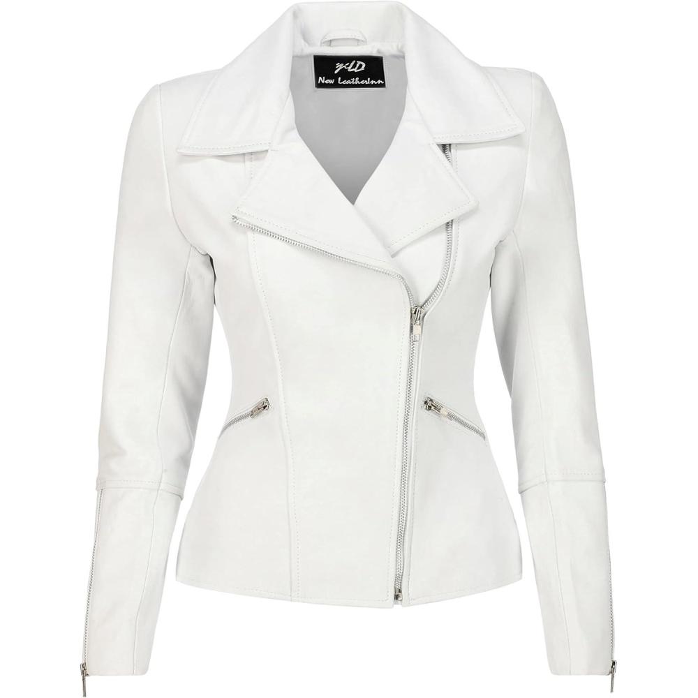 imageJild Womens Asymmetrical ZipUp Real Lambskin Leather Motorcycle Jacket Casual Fashion Moto Biker Leather Jacket WomenWhite