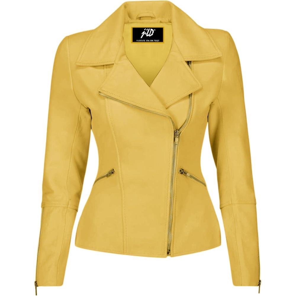 imageJild Womens Asymmetrical ZipUp Real Lambskin Leather Motorcycle Jacket Casual Fashion Moto Biker Leather Jacket WomenYellow