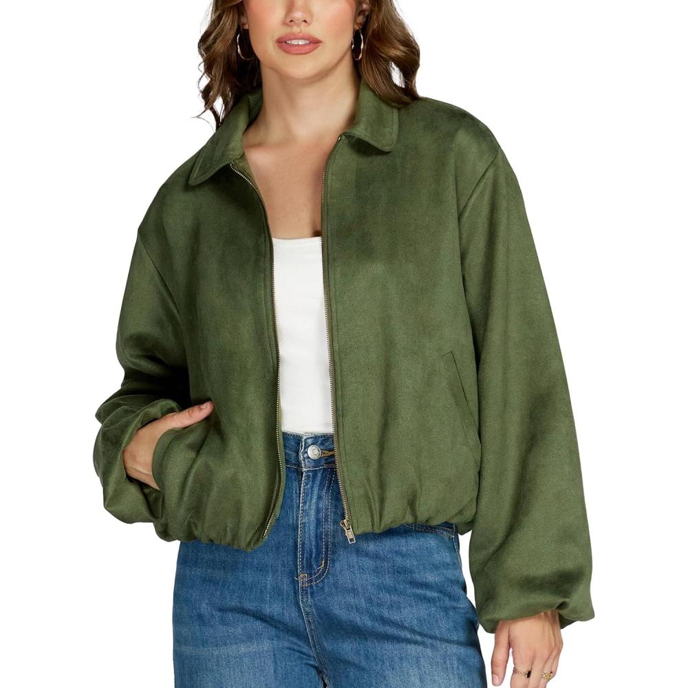imageLadyful Faux Suede Bomber Jacket Women Cropped Long Sleeve Zip Up Y2K Fall Leather Coat OuterwearArym Green