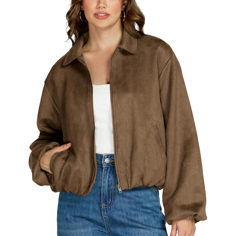 imageLadyful Faux Suede Bomber Jacket Women Cropped Long Sleeve Zip Up Y2K Fall Leather Coat OuterwearBrown