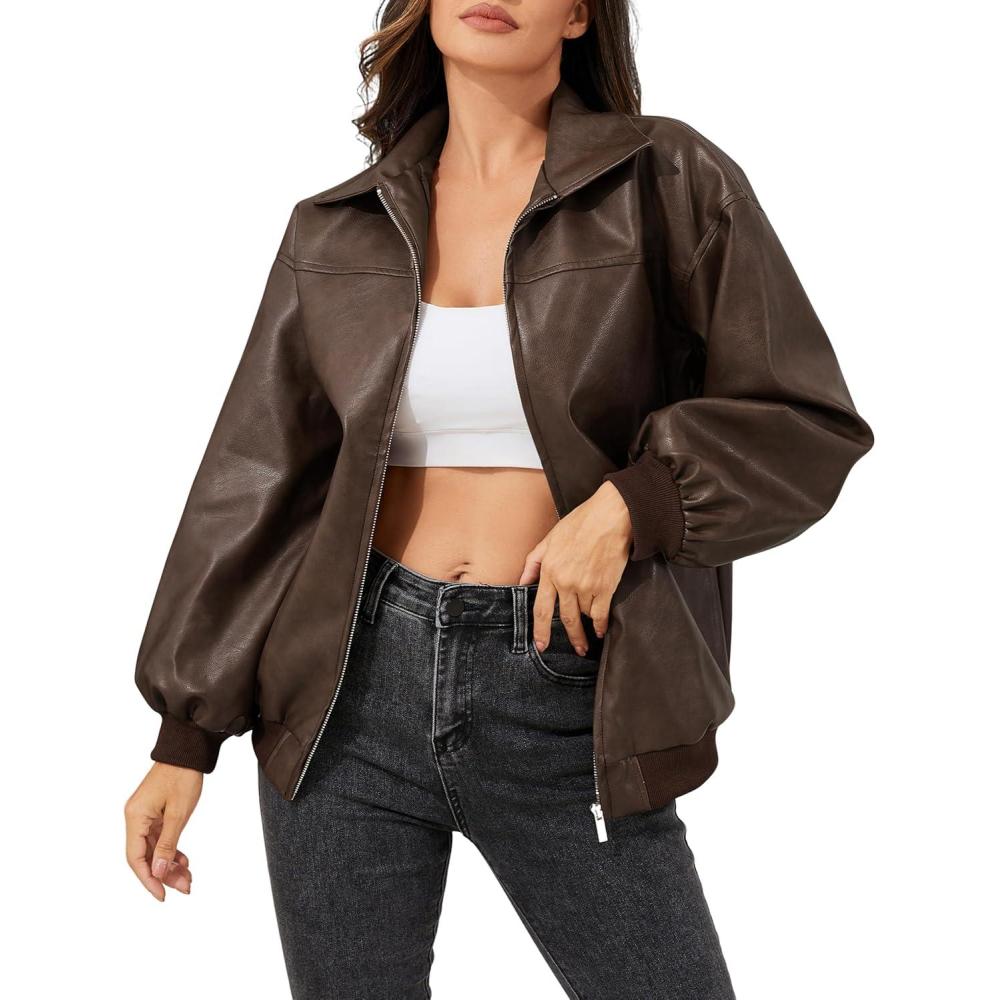 imageLeather Jacket Women Vintage Washed Faux Oversized Casual Motorcycle Biker Bomber Coats With Pockets 2025 Y2K TrendyDark Brown