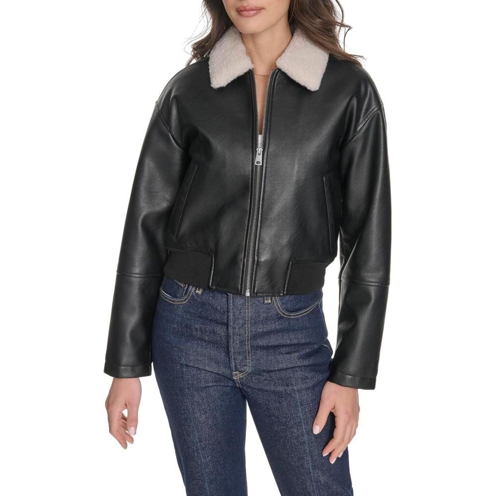 imageLevis womens Faux Leather Bomber With Laydown CollarBlack Sherpa Collar