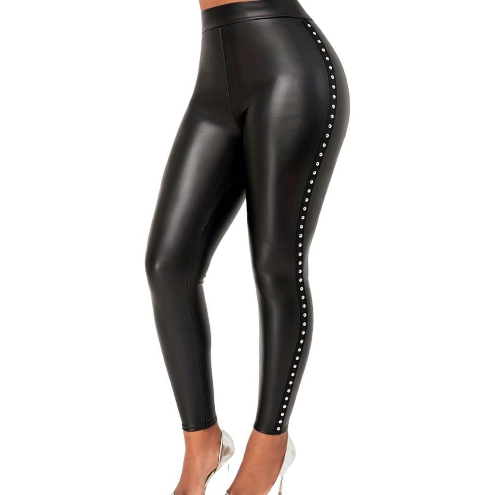 imageLifeShe Women Faux Leather Leggings with Rivets High Waisted Sexy Skinny PantsBlack