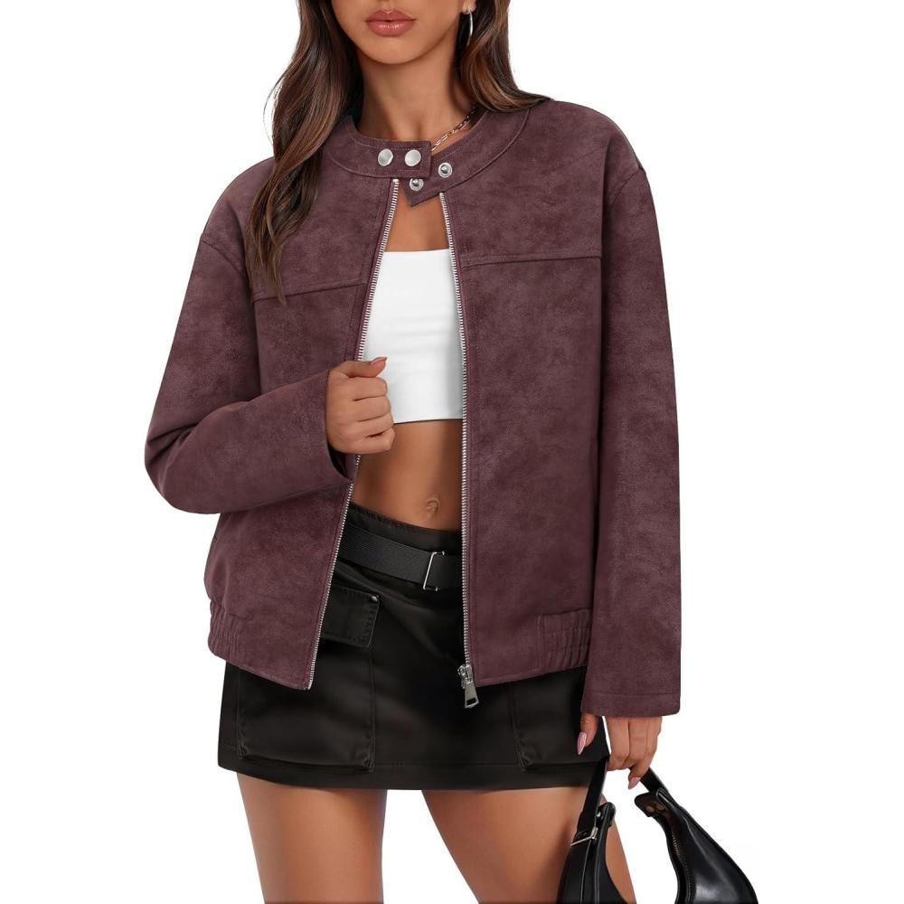 imageMEROKEETY Womens 2025 Faux Suede Bomber Jackets Trendy Long Sleeve Zip Up Fall Winter Coat OuterwearWine