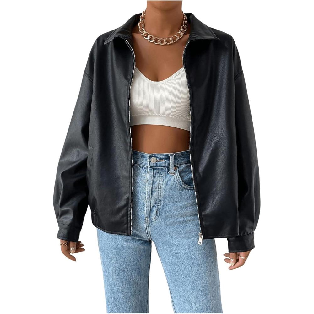 imageMakeMeChic Womens Faux Leather Shacket Long Sleeve Zip Up Motorcycle Jacket Biker CoatBlack