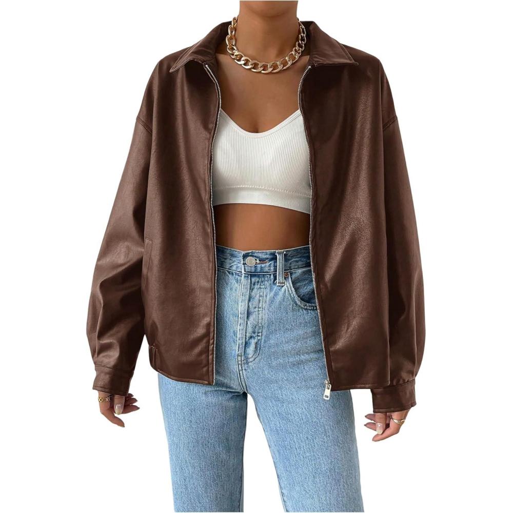 imageMakeMeChic Womens Faux Leather Shacket Long Sleeve Zip Up Motorcycle Jacket Biker CoatBrown
