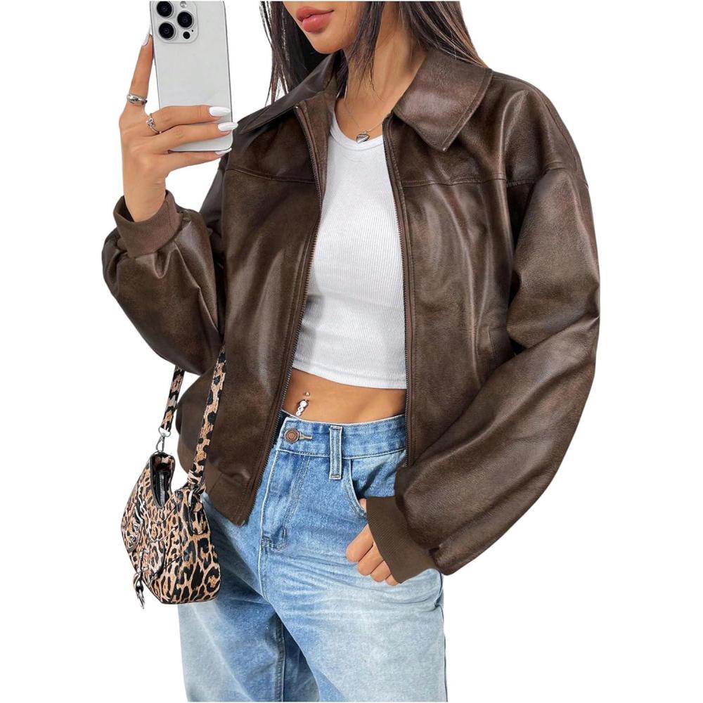 imageMakeMeChic Womens Faux Leather Shacket Long Sleeve Zip Up Motorcycle Jacket Biker CoatBrown a
