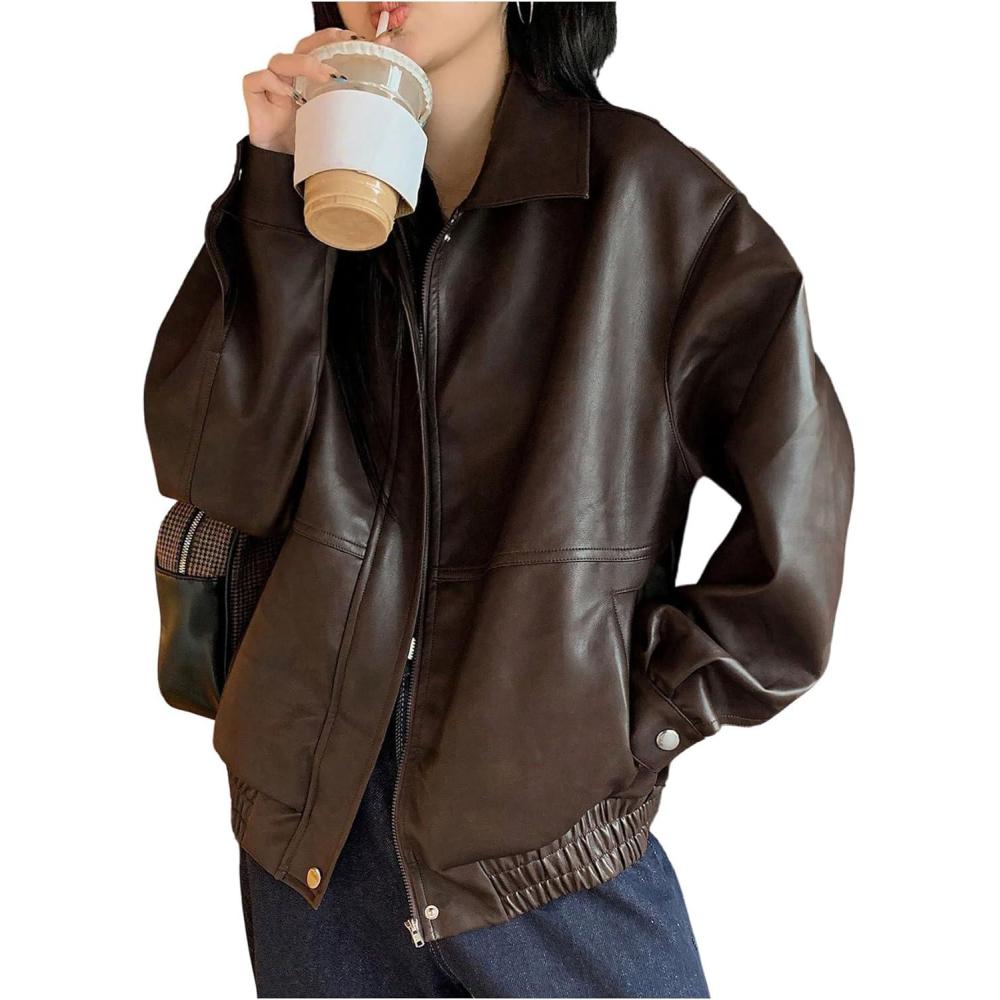 imageMakeMeChic Womens Faux Leather Shacket Long Sleeve Zip Up Motorcycle Jacket Biker CoatCoffee Brown
