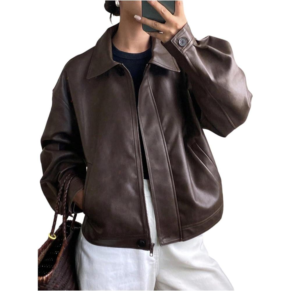 imageMakeMeChic Womens Faux Leather Shacket Long Sleeve Zip Up Motorcycle Jacket Biker CoatDark Brown