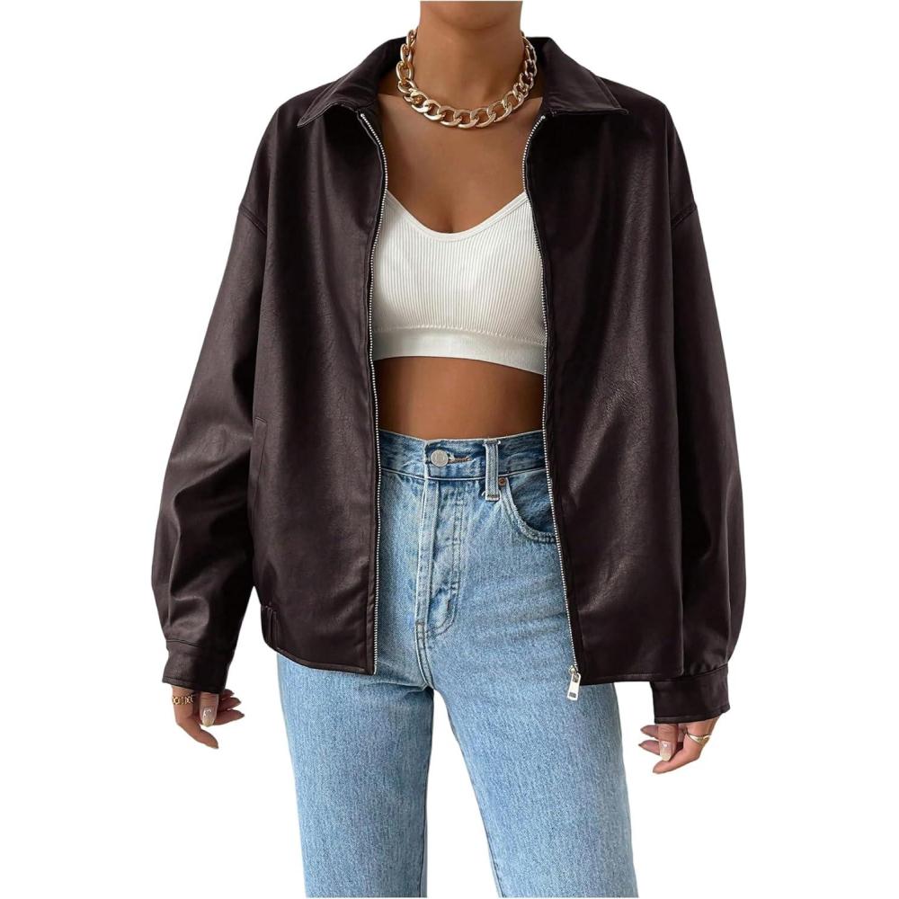 imageMakeMeChic Womens Faux Leather Shacket Long Sleeve Zip Up Motorcycle Jacket Biker CoatMaroon