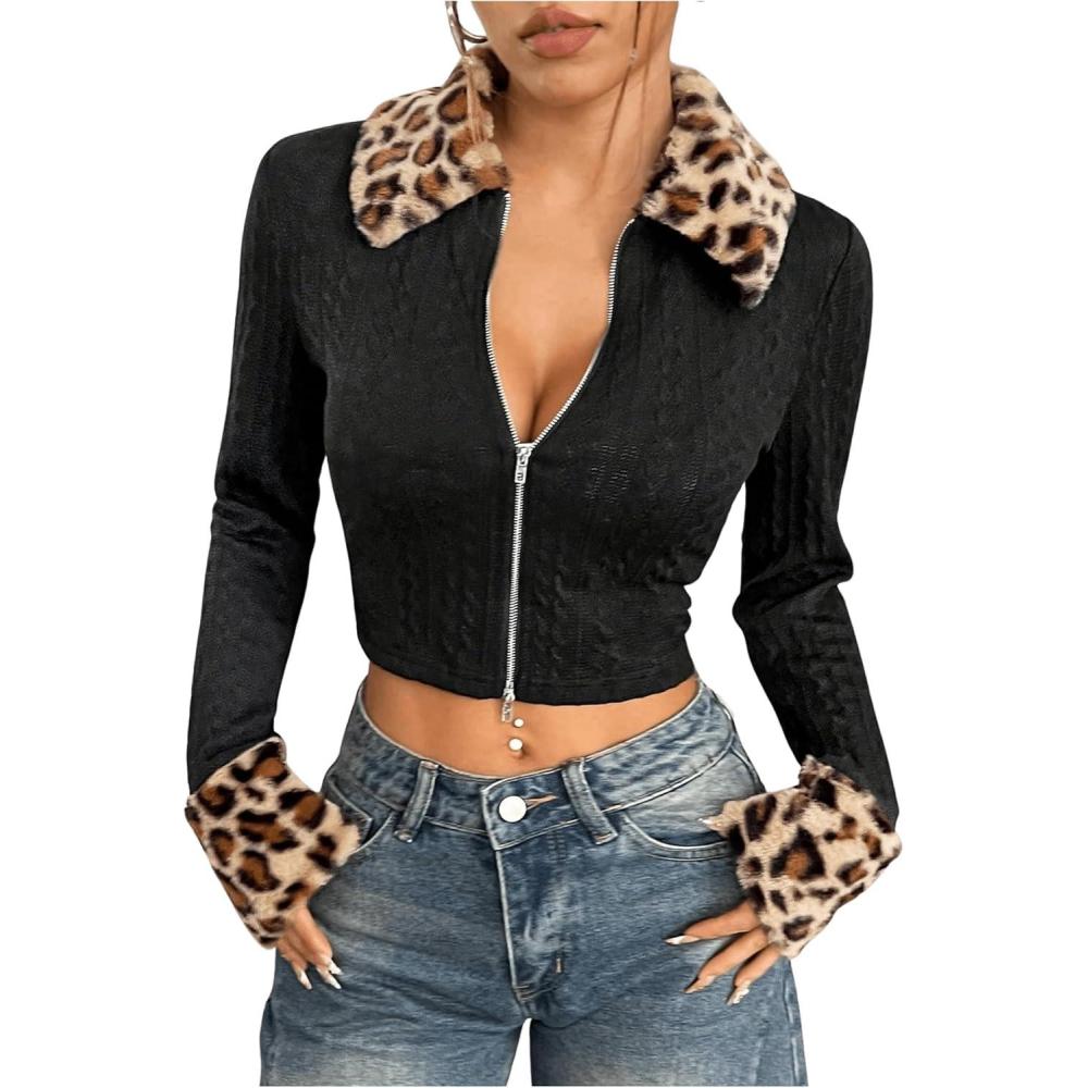 imageMilumia Womens Leopard Print Y2k Crop Jacket Faux Fur Trim Jackets Coat Outwear ClubwearBlack