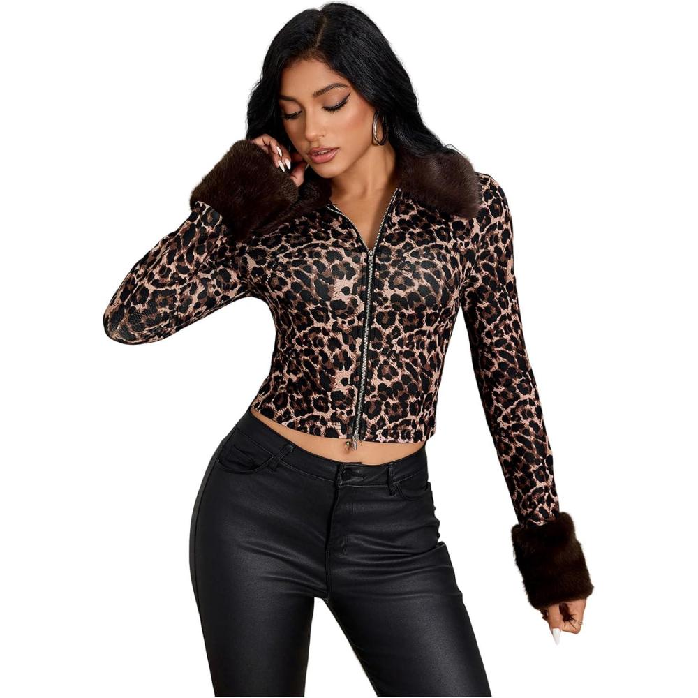 imageMilumia Womens Leopard Print Y2k Crop Jacket Faux Fur Trim Jackets Coat Outwear ClubwearCoffee Brown