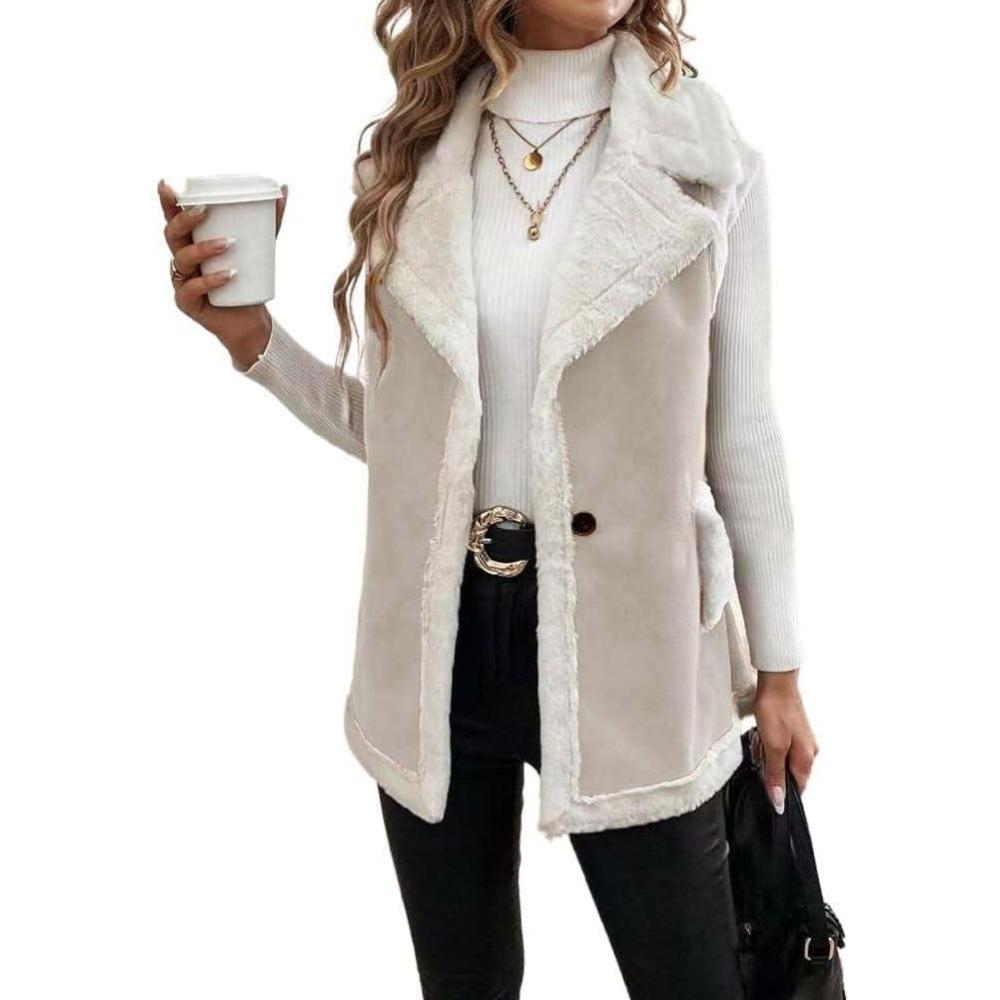 imageMywinway Sherpa Vest Womens Fall Winter Faux Fur Suede Leather Vest Jacket Sleeveless Lambswool Fur Warm CoatBeige