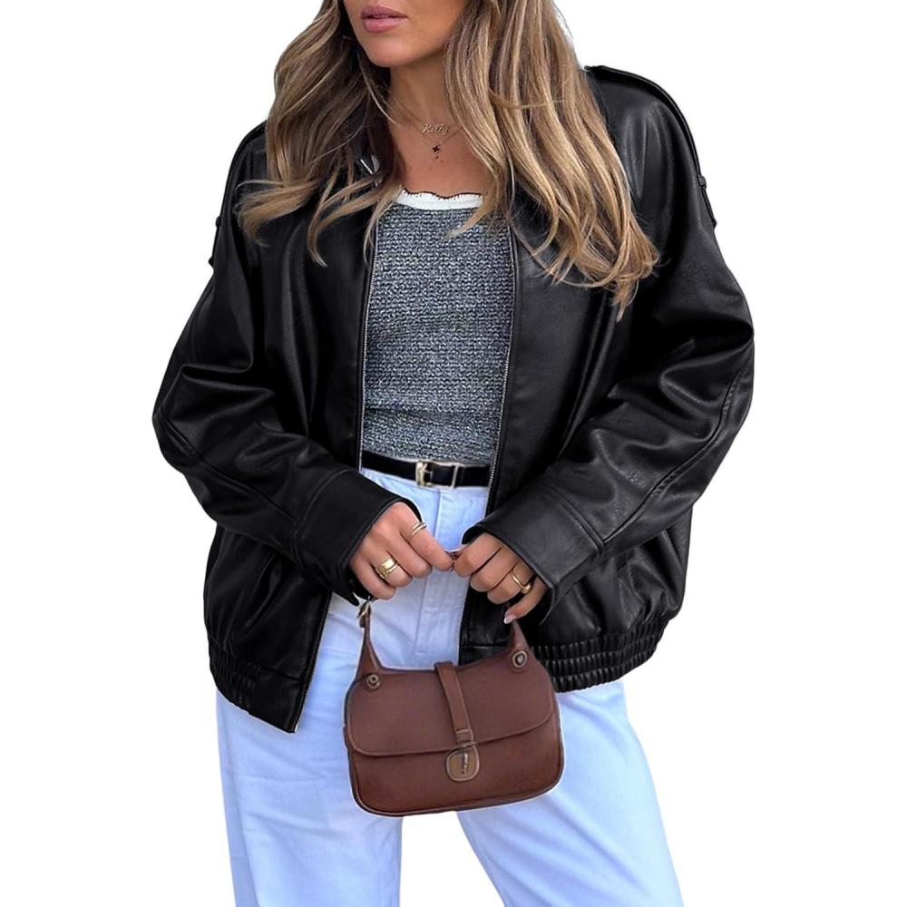 imagePHISOCKAT Faux Leather Jacket Women Oversized Motorcycle Leather Jackets Trendy Zip Up Fall Bomber Jacket 2025 with PocketsBlack