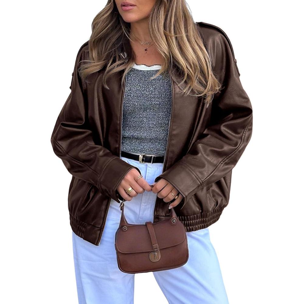 imagePHISOCKAT Faux Leather Jacket Women Oversized Motorcycle Leather Jackets Trendy Zip Up Fall Bomber Jacket 2025 with PocketsBrown