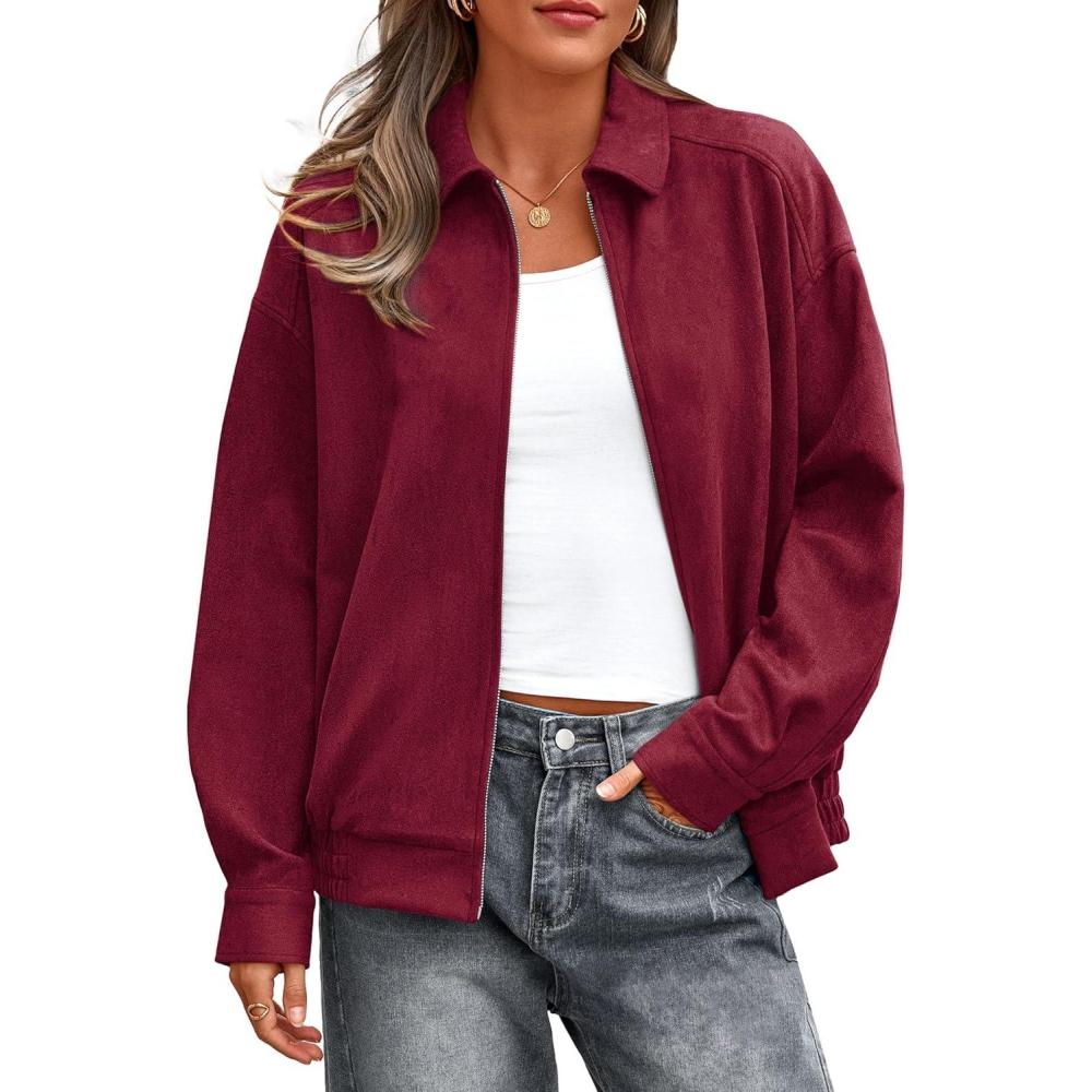 imagePRETTYGARDEN Faux Suede Bomber Jacket Women Fall Fashion 2026 Casual Zip Up Oversized Trendy Winter Clothing Outerwear CoatsBurgundy