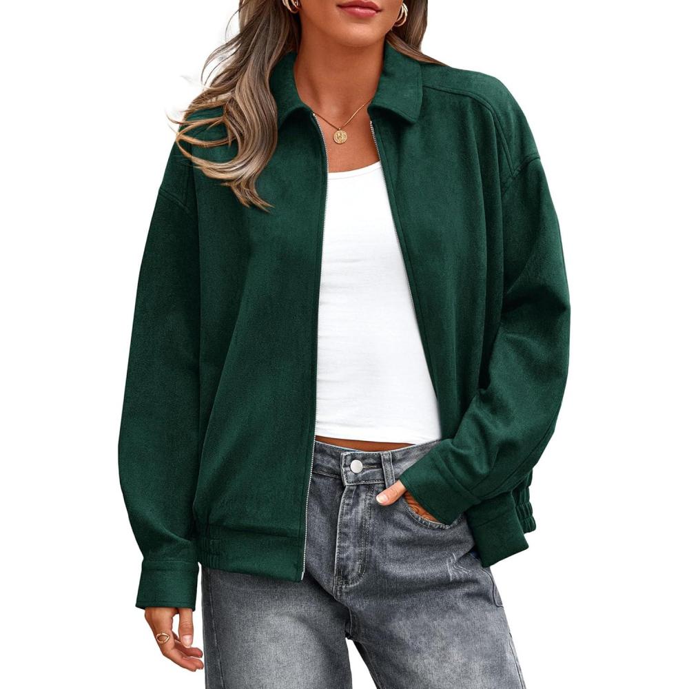 imagePRETTYGARDEN Faux Suede Bomber Jacket Women Fall Fashion 2026 Casual Zip Up Oversized Trendy Winter Clothing Outerwear CoatsDark Green