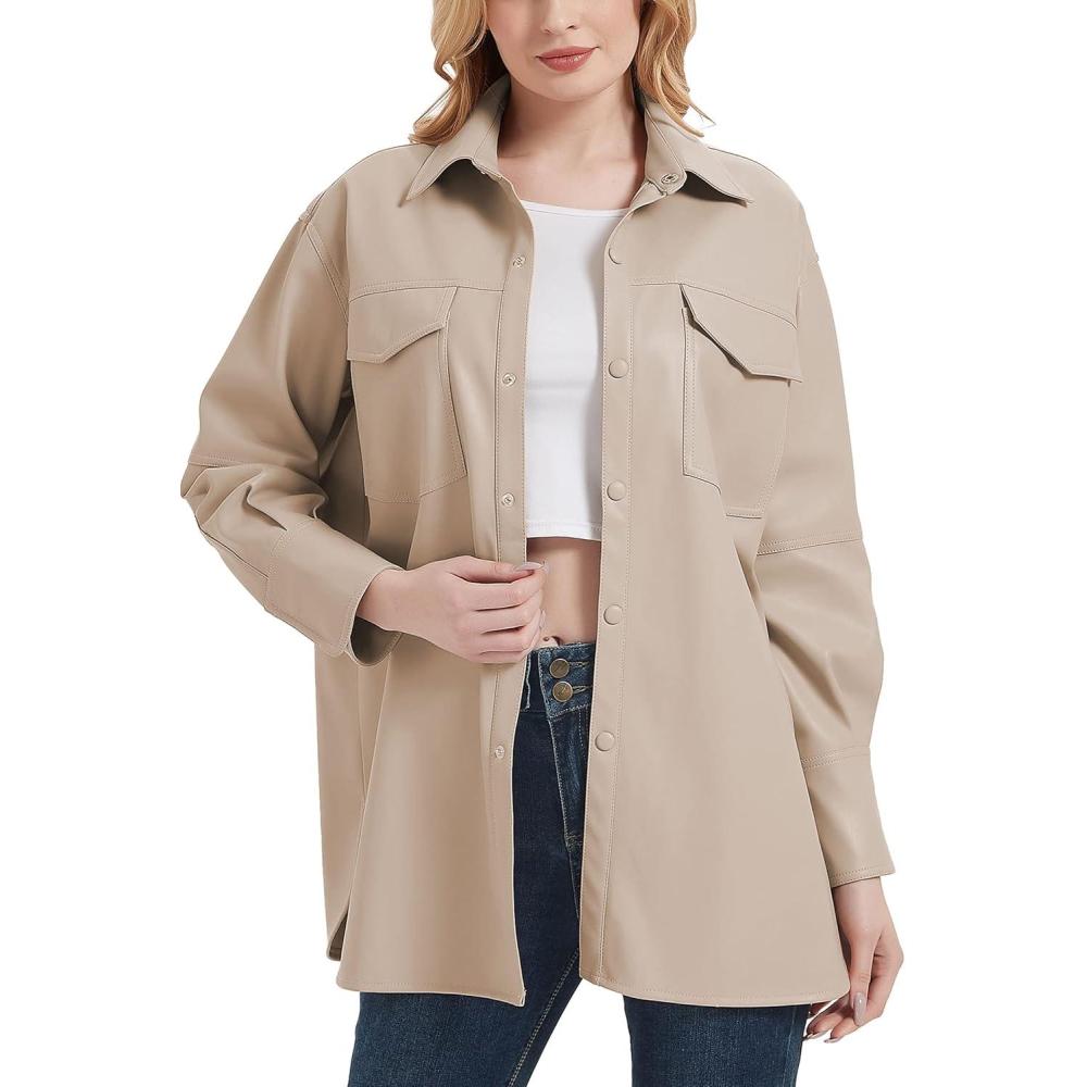 imageRISISSIDA Women Faux Leather Shacket Jacket Loose Fit Spring Fall Casual Lapel Button Down Long Sleeve Pleather ShirtsBeige