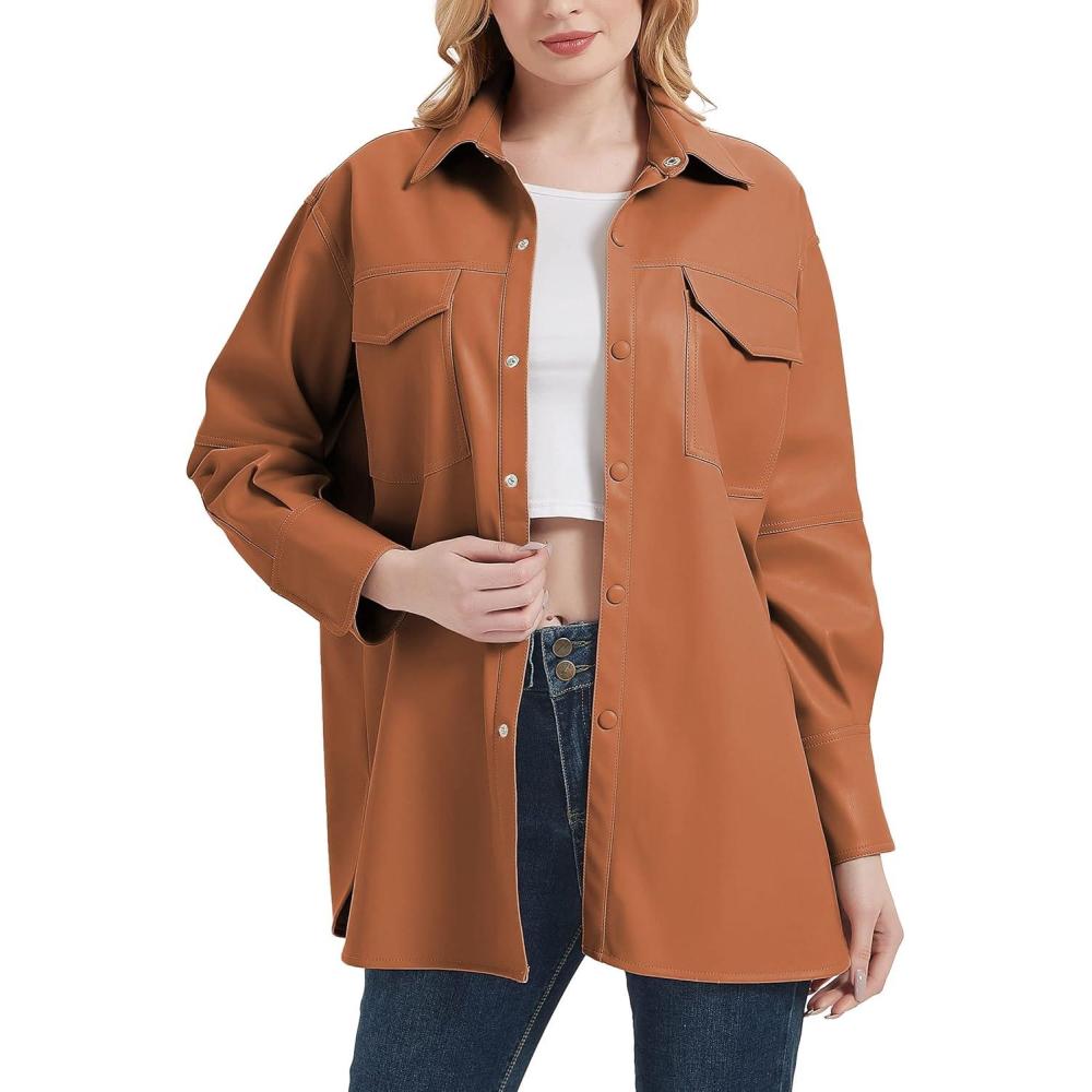 imageRISISSIDA Women Faux Leather Shacket Jacket Loose Fit Spring Fall Casual Lapel Button Down Long Sleeve Pleather ShirtsBrown