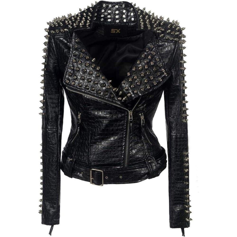 imageSX Women Punk Faux Leather PU Black Jacket Studded Rivet Fashion Streetwear Motorcycle CoatBlack