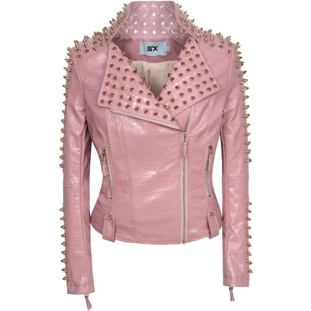 imageSX Women Punk Faux Leather PU Black Jacket Studded Rivet Fashion Streetwear Motorcycle CoatPink