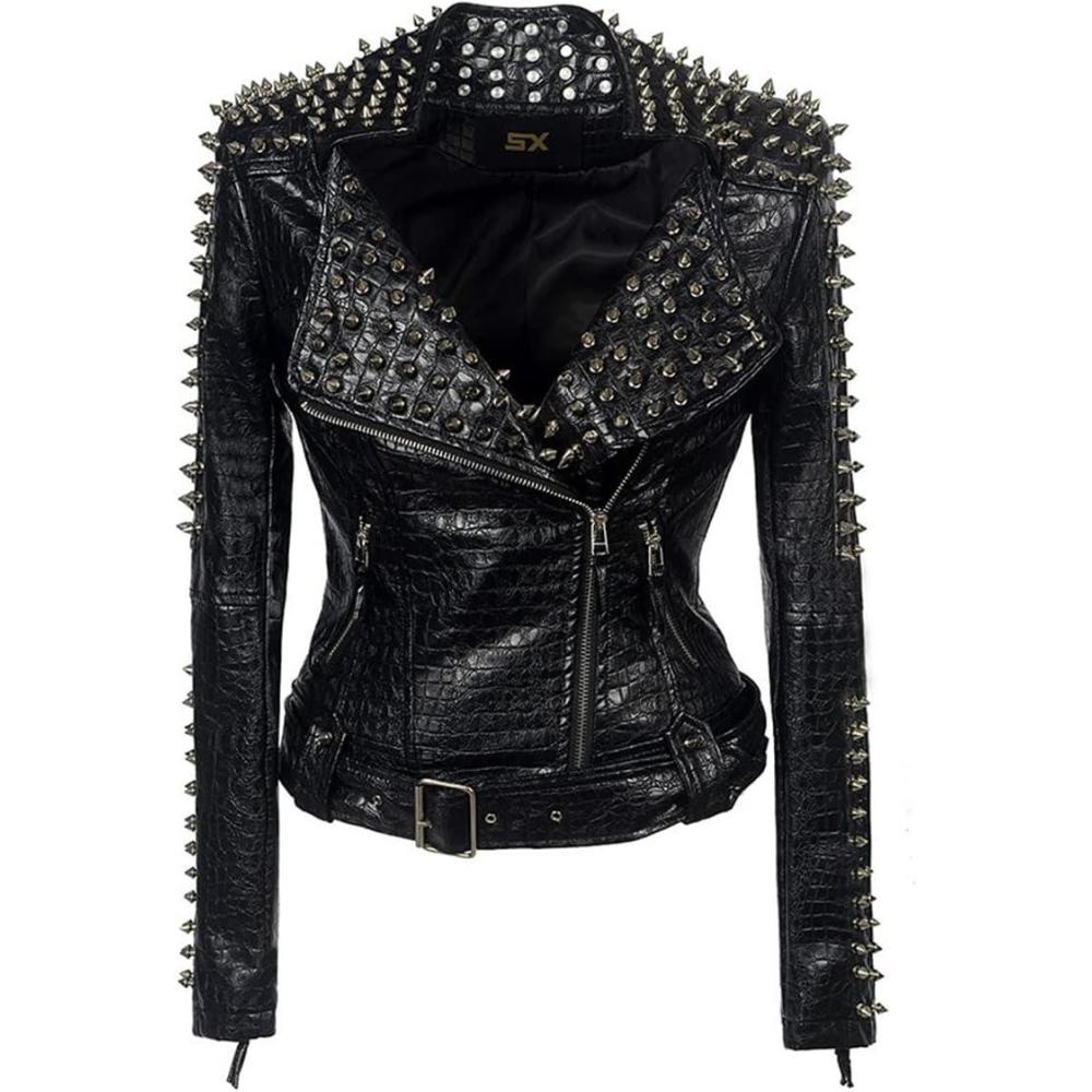 imageSX Women Punk Faux Leather PU Black Jacket Studded Rivet Fashion Streetwear Motorcycle CoatPu Black
