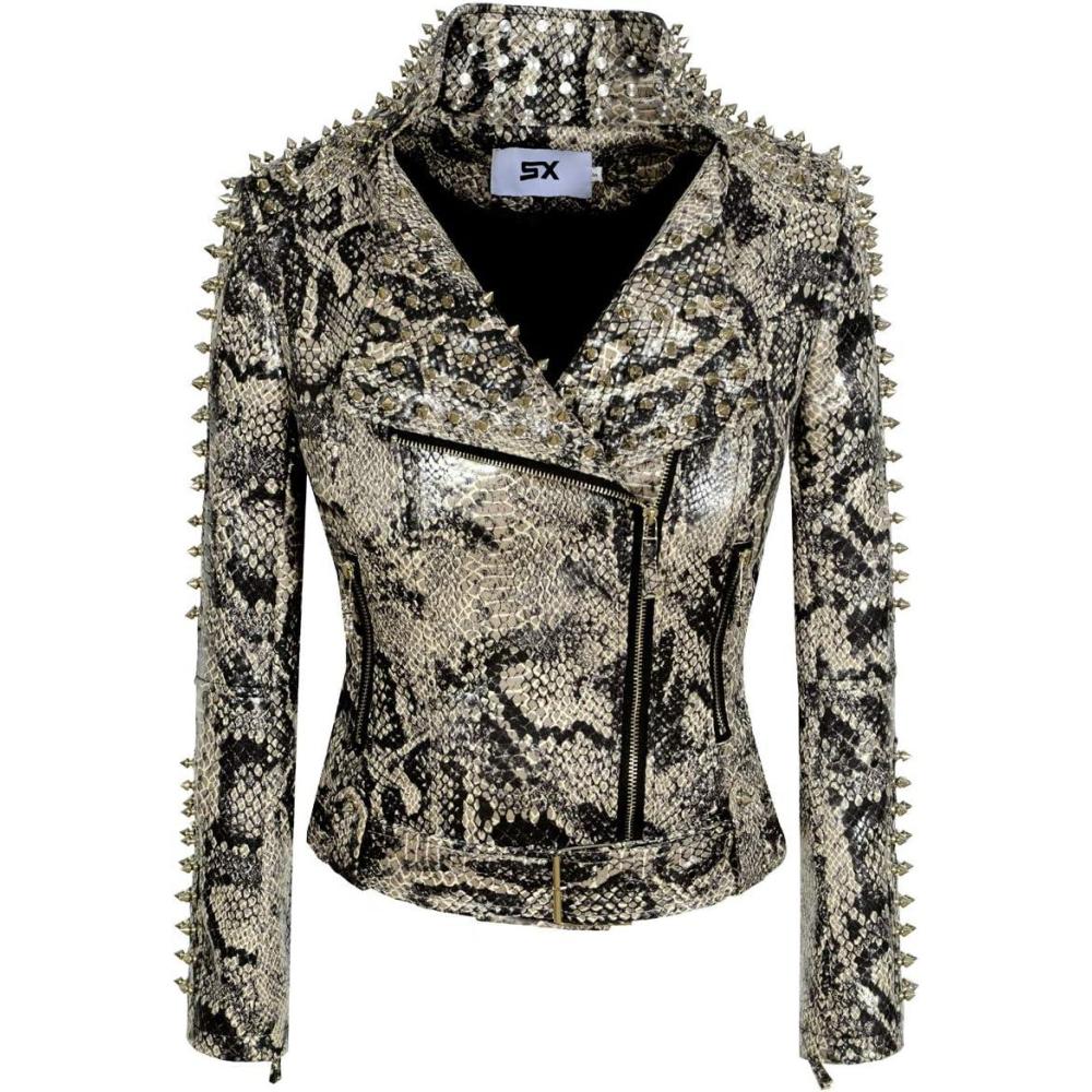 imageSX Women Punk Faux Leather PU Black Jacket Studded Rivet Fashion Streetwear Motorcycle CoatSnakeskincolor