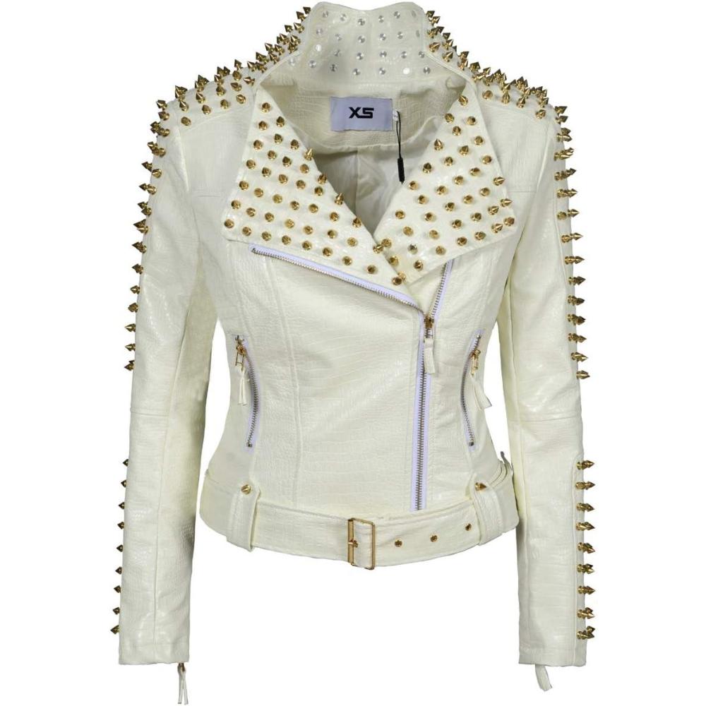 imageSX Women Punk Faux Leather PU Black Jacket Studded Rivet Fashion Streetwear Motorcycle CoatWhite