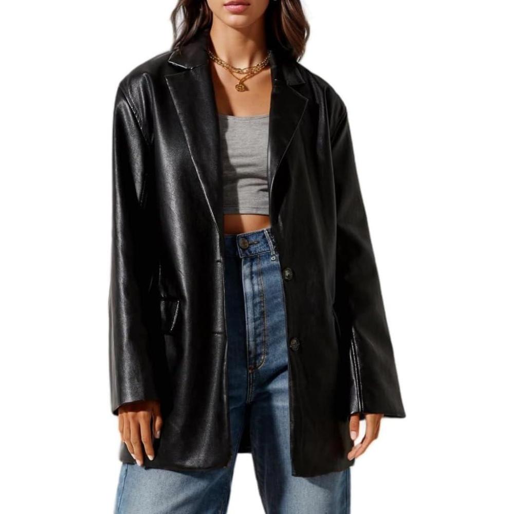 imageSeekMe Womens PU Leather Jacket Shacket Button Down Lapel Blazer Coat with Bust PocketBlack 01