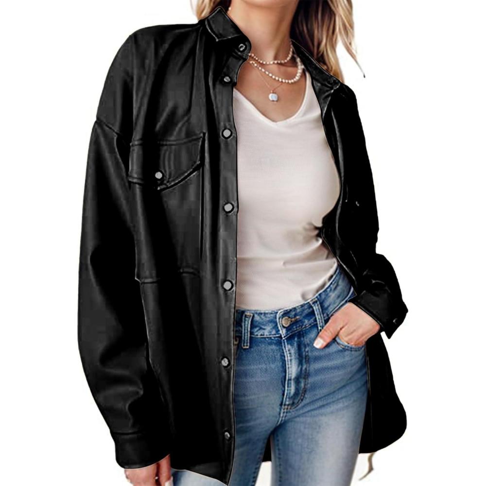 imageSeekMe Womens PU Leather Jacket Shacket Button Down Lapel Blazer Coat with Bust PocketBlack