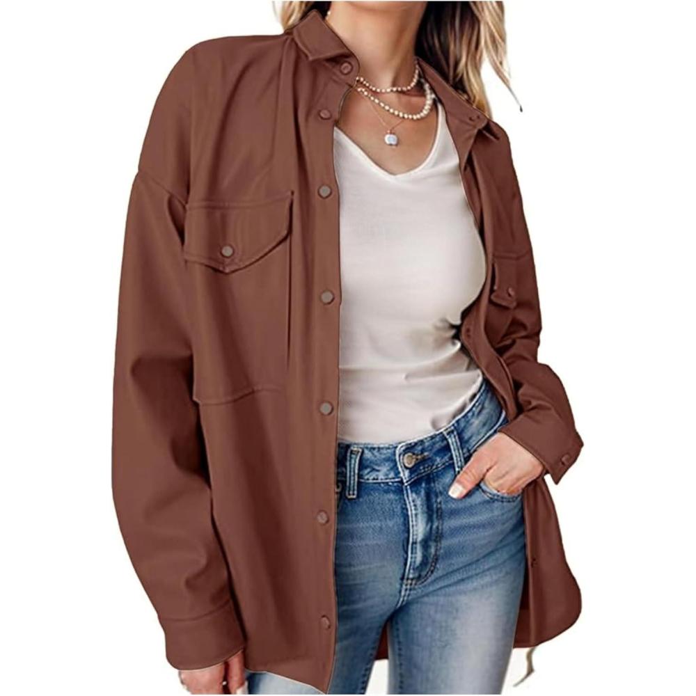 imageSeekMe Womens PU Leather Jacket Shacket Button Down Lapel Blazer Coat with Bust PocketDarkbrown