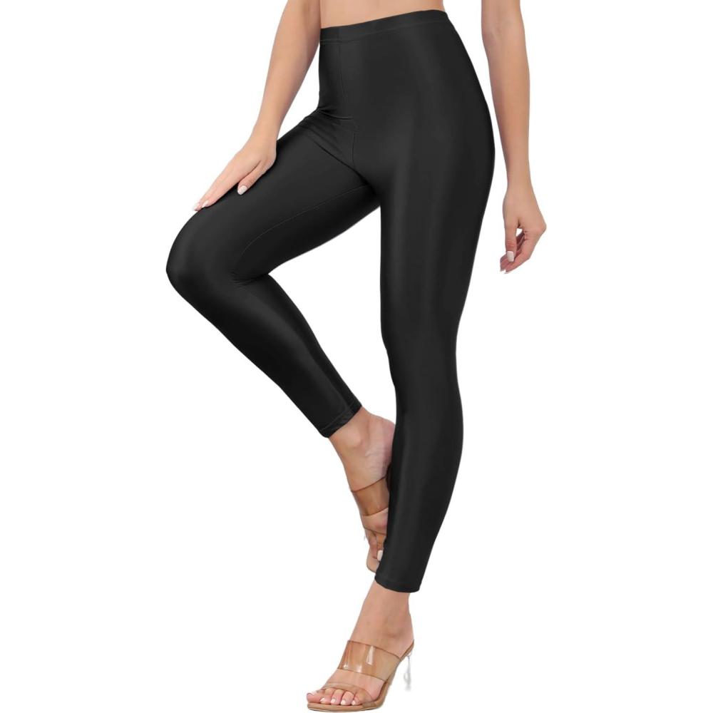 imageSghenr Womens Shiny High Waisted Neon Smooth Pants Disco Party Rave Tights Elastic Skinny Comfy Lightweight LeggingsBlack