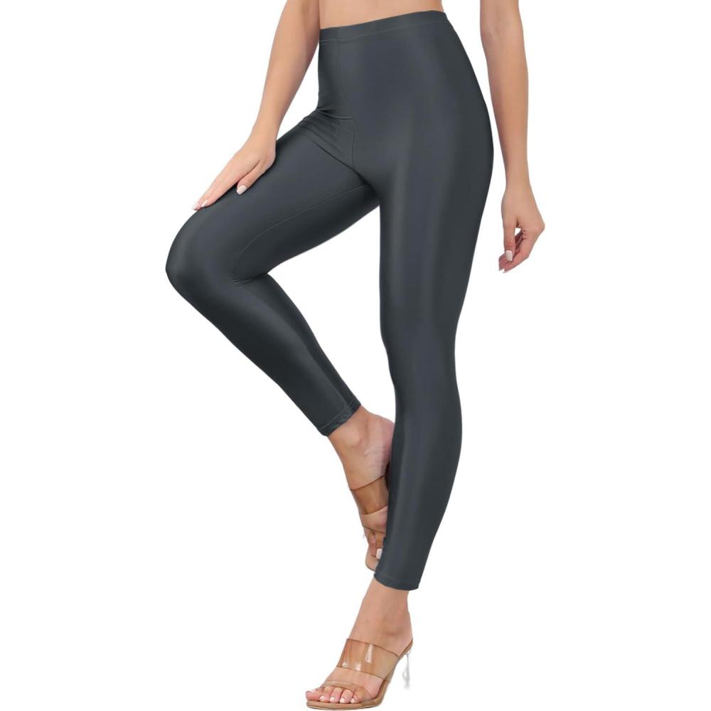imageSghenr Womens Shiny High Waisted Neon Smooth Pants Disco Party Rave Tights Elastic Skinny Comfy Lightweight LeggingsGrey