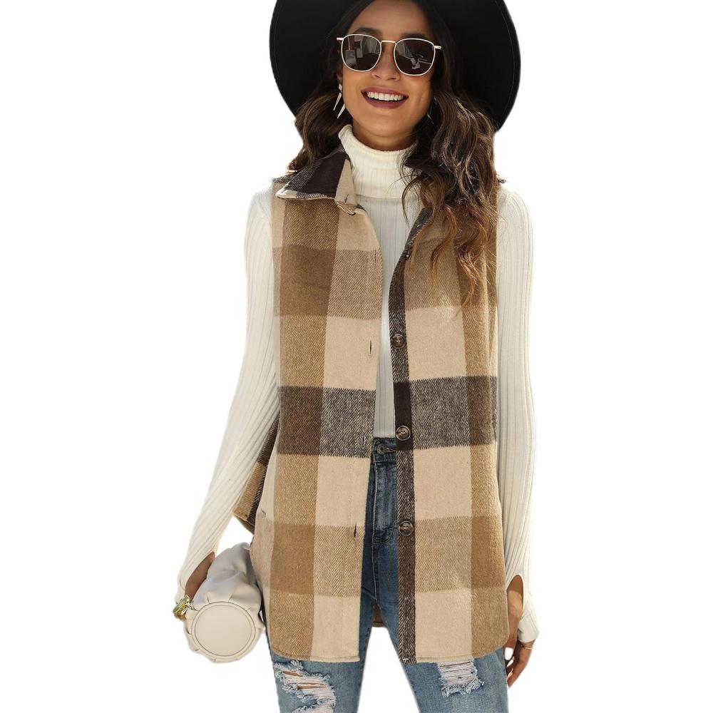 imageTanming Womens Plaid Vest Brushed Flannel Sleeveless Shacket Shirt Jacket with PocketsBrown