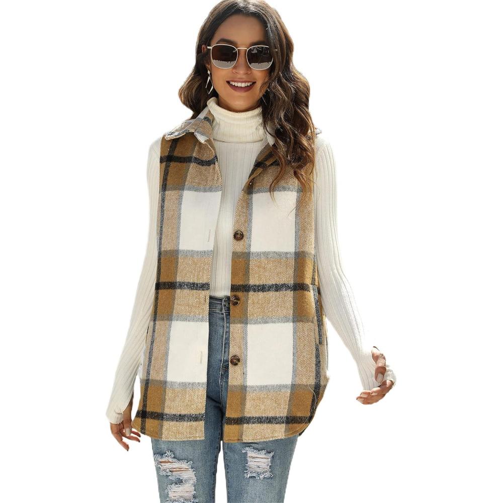 imageTanming Womens Plaid Vest Brushed Flannel Sleeveless Shacket Shirt Jacket with PocketsKhaki