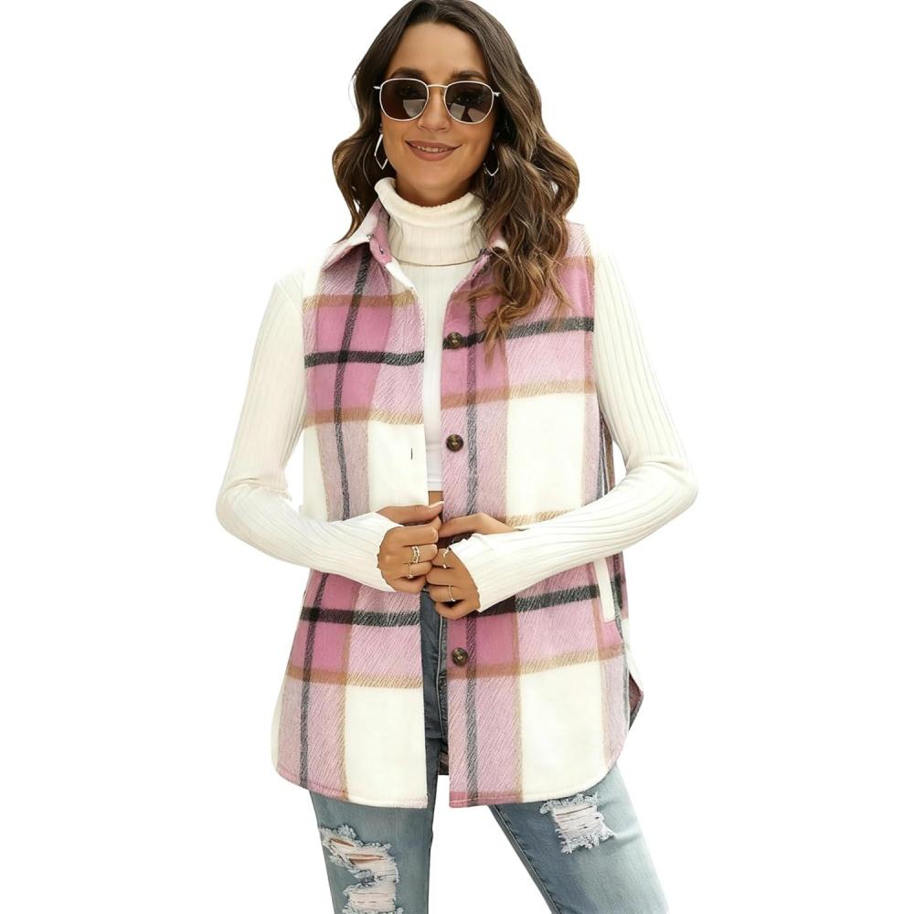 imageTanming Womens Plaid Vest Brushed Flannel Sleeveless Shacket Shirt Jacket with PocketsPink