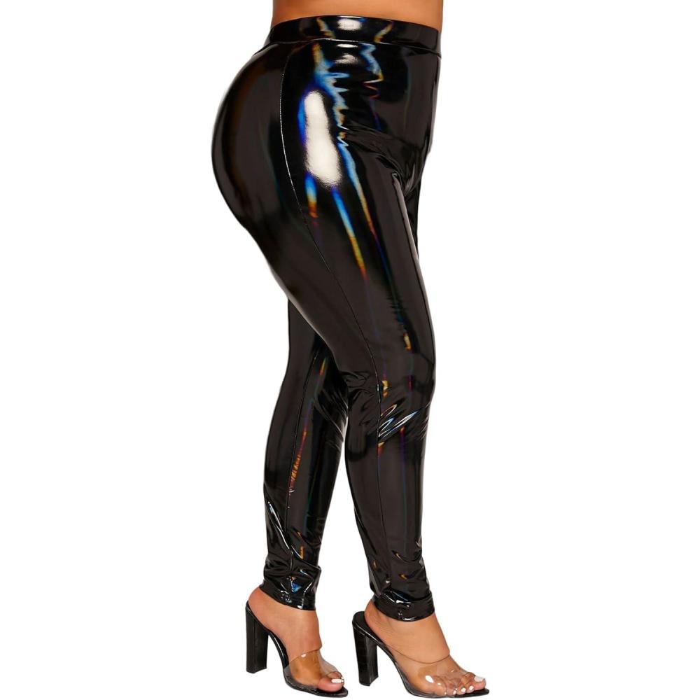 imageWDIRARA Womens Plus Size High Waist Pu Leather Party Club Skinny Pants Stretch LeggingsBlack
